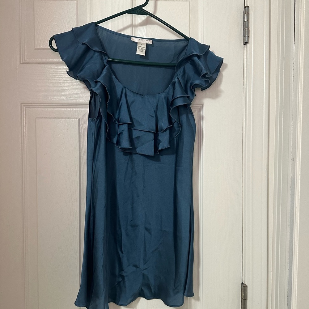 Blue Mini Babydoll shirt with Flutter Sleeves and Scoop Neck for Cocktail